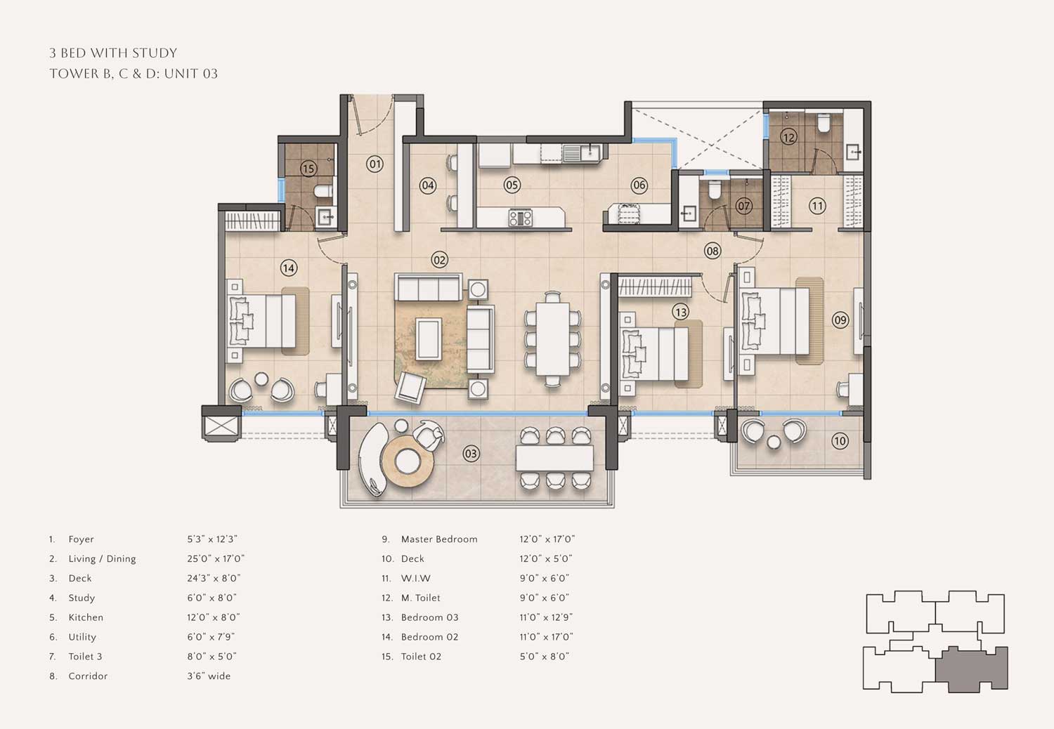 Lodha Sadahalli 3 bed with study floor plan